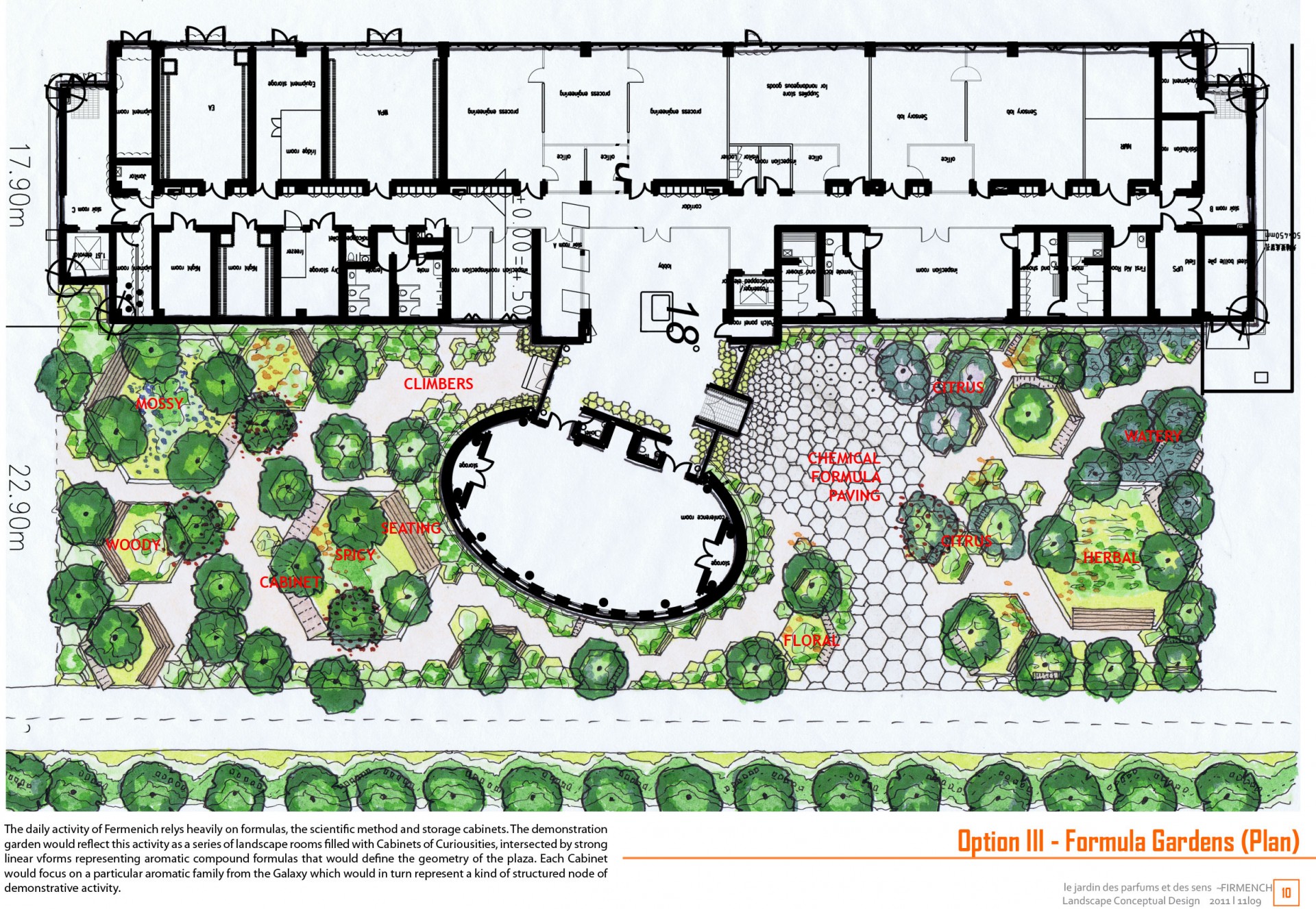 Hand-drawn plan with marker coloring and InDesign annotation.
