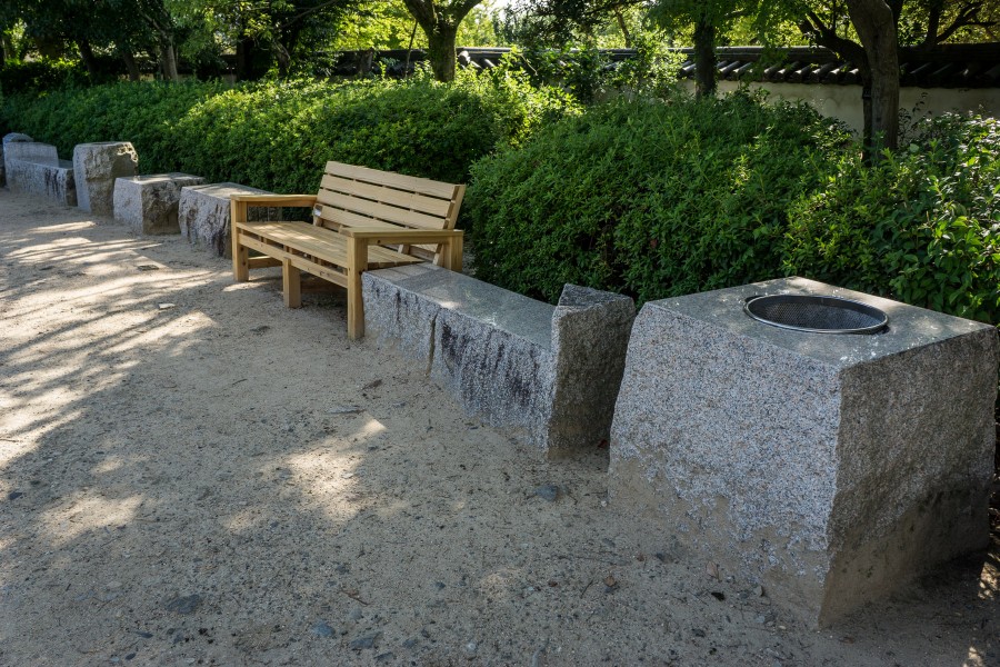 Intentionally designed site furniture at Okayama Castle.